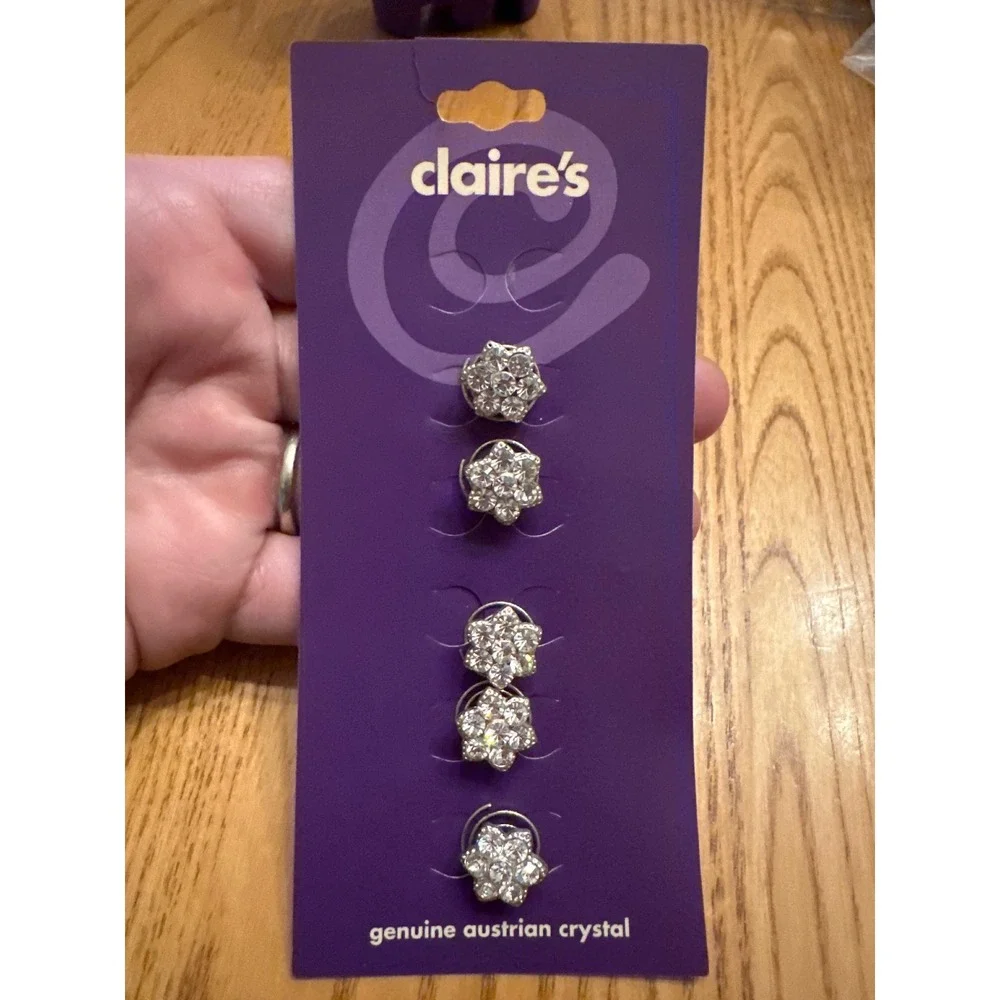 Claire's Genuine Austrian Crystal Hair Twisters Silver Tone Flower Set of 5 NEW